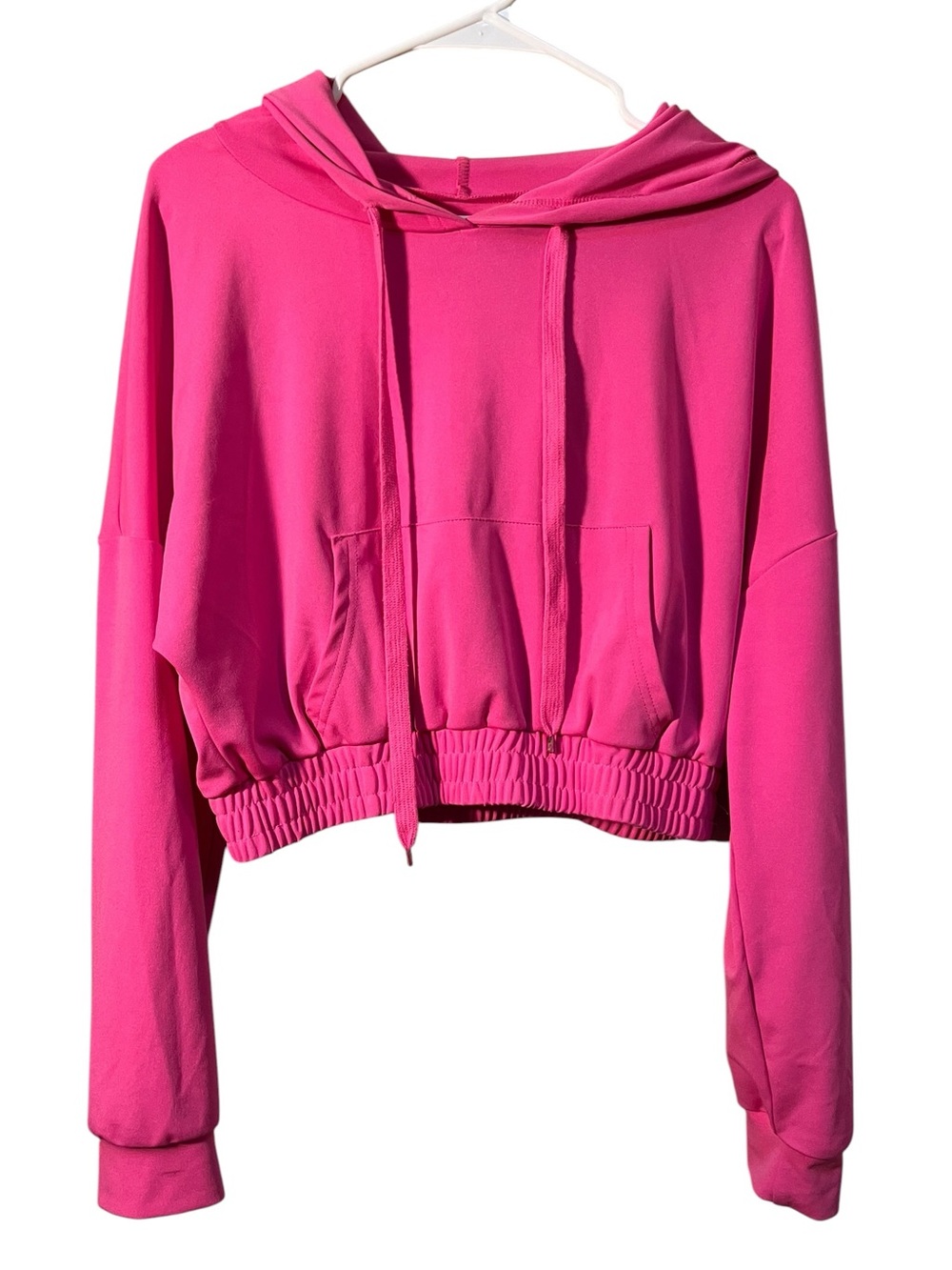 Womens Size XL Cropped Hoodie Bright Pink Banded Hem Long Sleeve Kangaroo Pocket